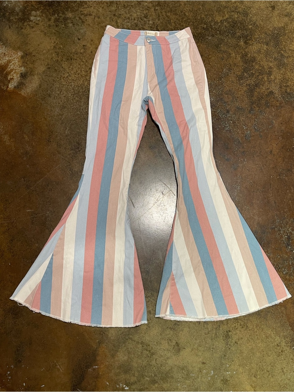 Altar'd State Striped Bell Bottom Jeans in Pink, Blue, Cream